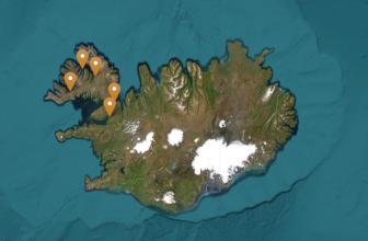 Kort af Íslandi. Fimm punktar eru merktir á kortinu með appelsínugulum pinnum, flestir á Vestfjörðum eða nálægt.