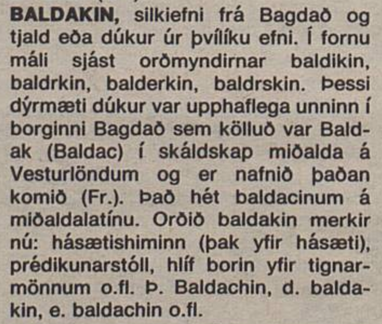 Úrklippa úr dagblaði. Færsla um sögu orðsins "baldakin".