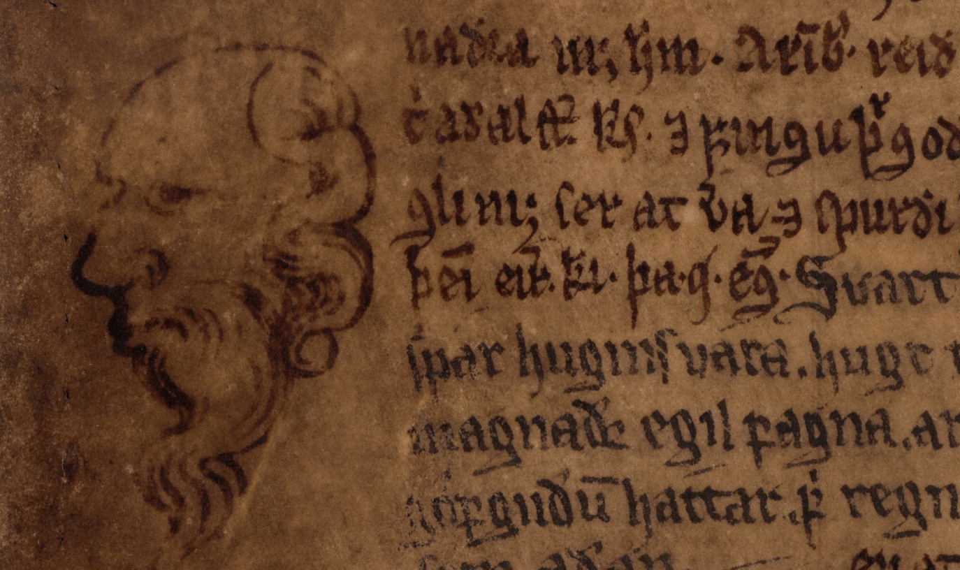 Teikning í skinnhandriti. Maður með skegg. Hliðin á er texti.
