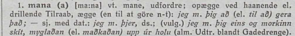 Sögnin 'mana' í Orðabók Sigfúsar Blöndals.