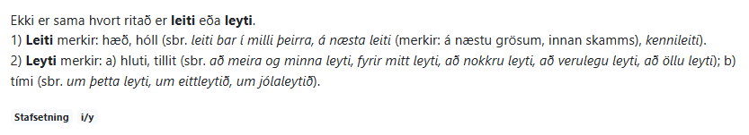 Skýringartexti um orðin leiti og leyti, i / y.