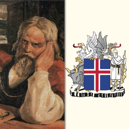 Samsett mynd. T.v. málverk af Snorra Sturlusyni, t.h. skjaldarmerki Íslands
