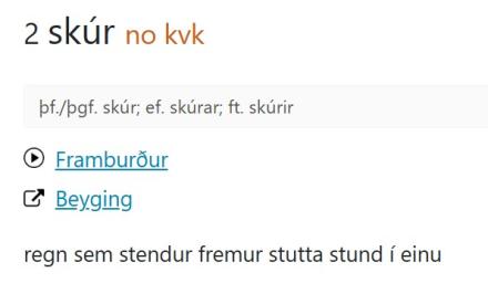 Skilgreining á orðinu skúr í íslenskri nútímamálsorðabók. Nánari upplýsingar í hlekk sem fylgir myndinni.